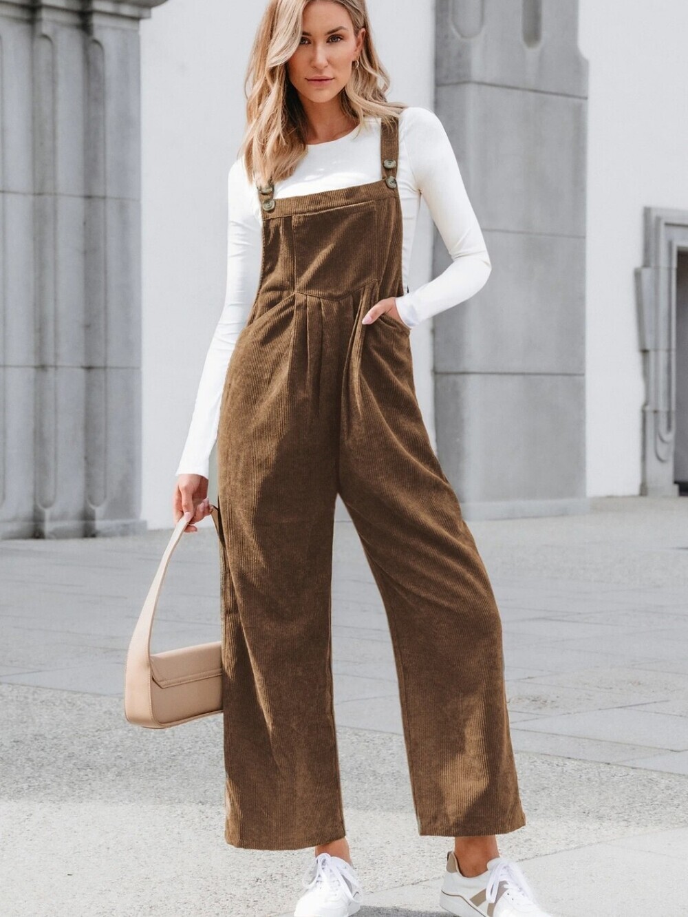 Wide-Leg Corduroy Overalls Jumpsuit in Brown